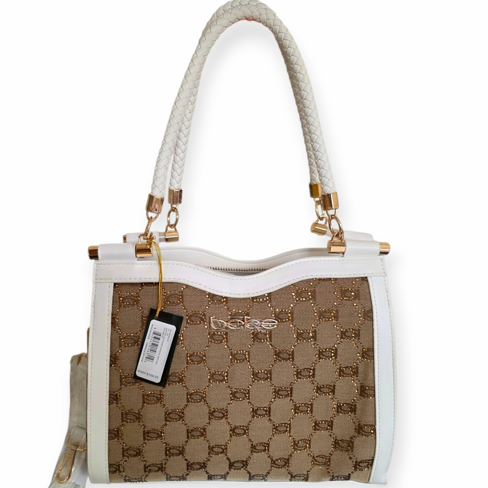 ☆BEBE AGATHE JACQUARD CRYSTAL SATCHEL White & Gold Bronze Tote Bag☆ - Picture 4 of 7